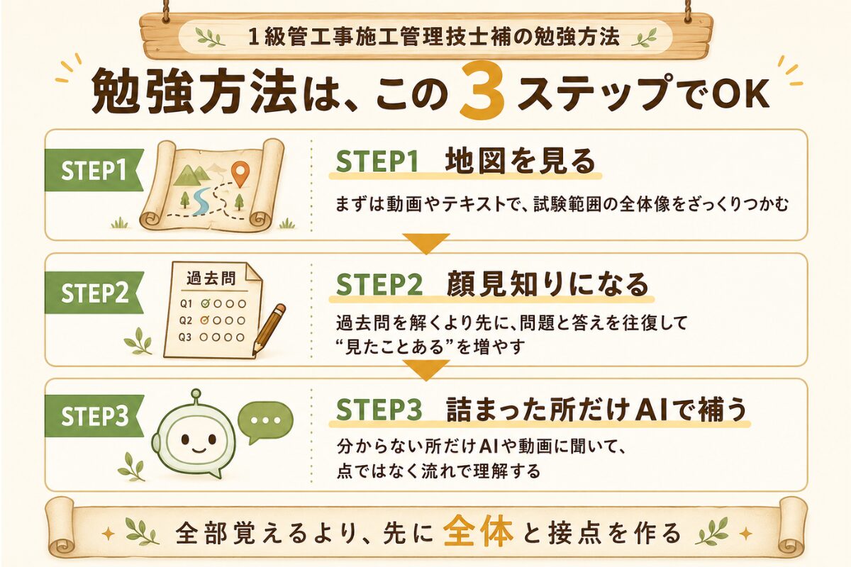 1級管工事施工管理技士補の勉強方法を、全体像を見る、過去問と顔見知りになる、詰まった所だけAIで補う、の3ステップで示した図