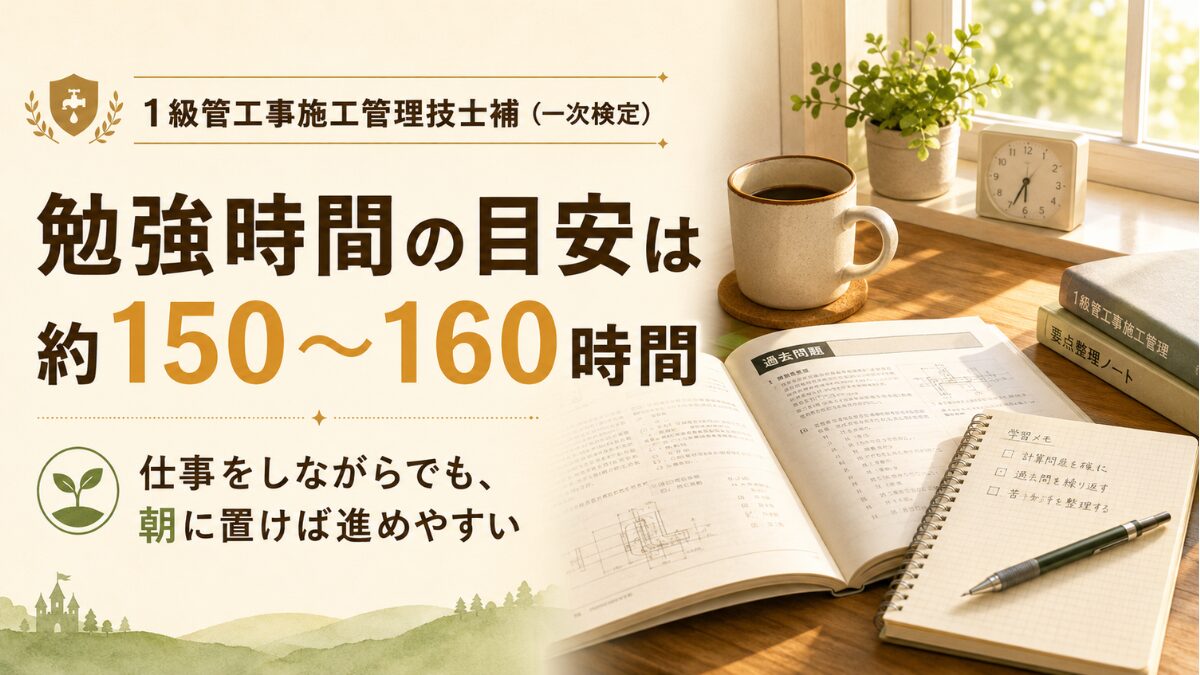 朝の机と教材を背景に、1級管工事施工管理技士補一次検定の勉強時間の目安約150〜160時間を示した画像