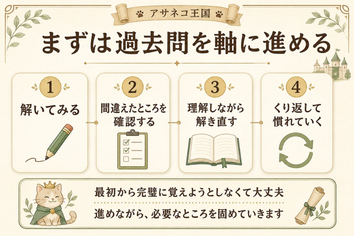過去問を解き、間違いを確認し、理解しながら解き直して繰り返す4段階の勉強法を示した図解