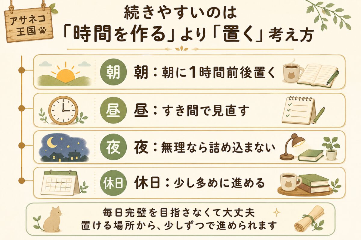 朝、昼、夜、休日の生活の中に勉強時間を置く考え方を示した図解
