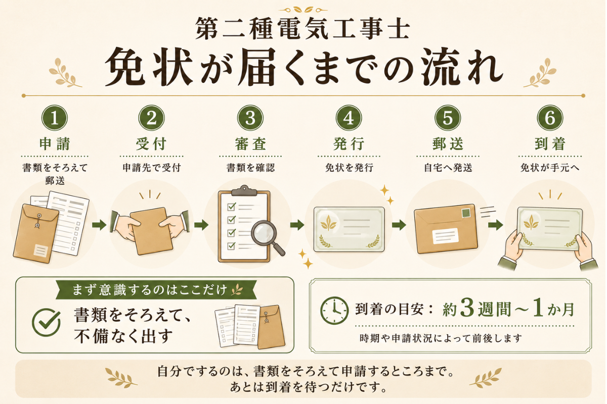 第二種電気工事士の免状が届くまでを、申請、受付、審査、発行、郵送、到着の6段階で示した図