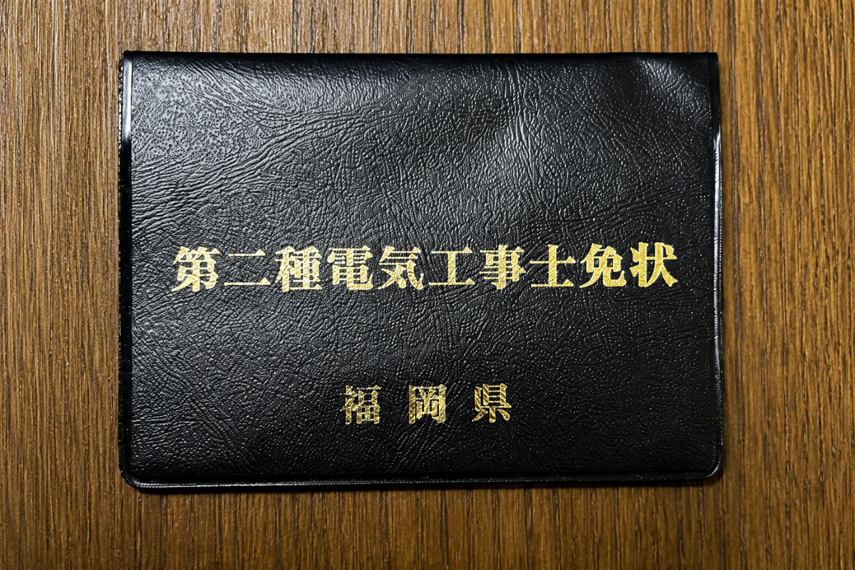 2021年に福岡県から交付された、黒い手帳型の第二種電気工事士免状