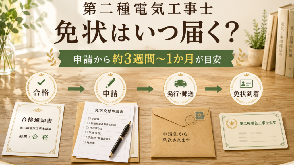 第二種電気工事士の合格後、免状を申請して約3週間〜1か月で届く目安を示した図