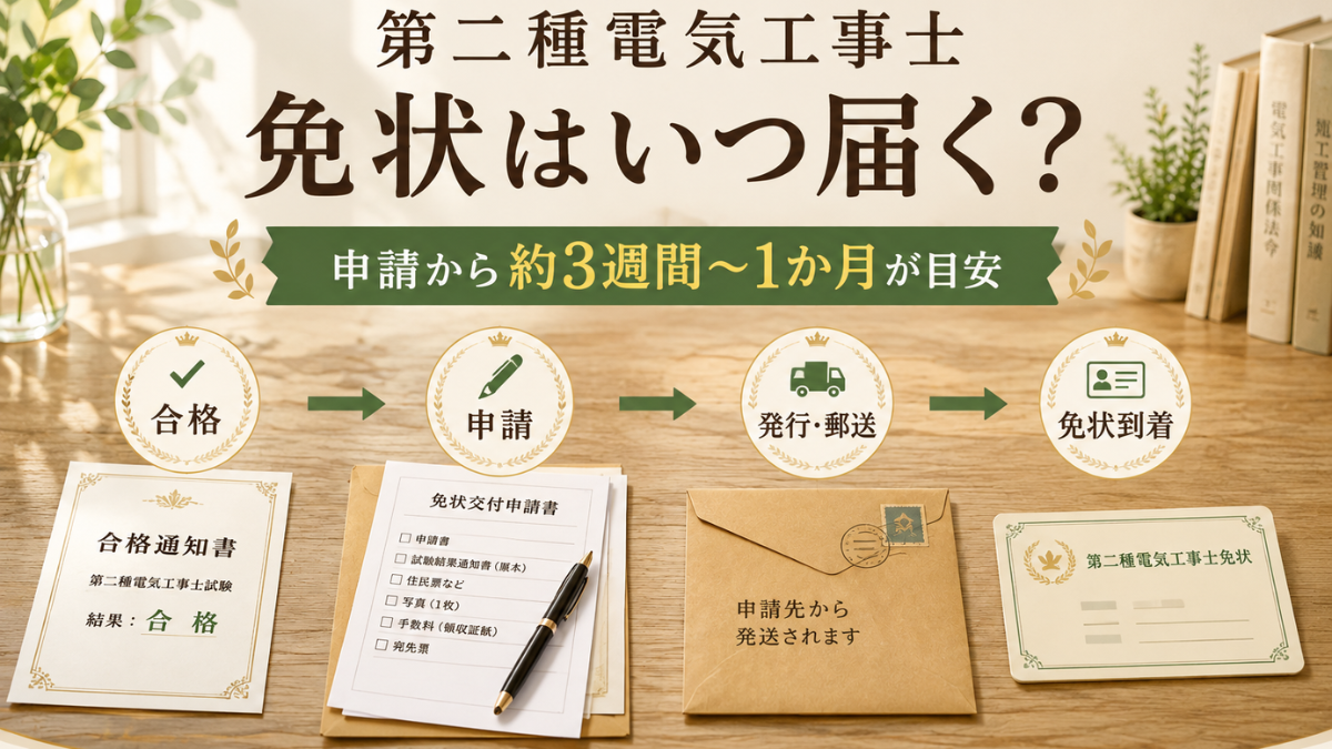 第二種電気工事士の合格後、免状を申請して約3週間〜1か月で届く目安を示した図