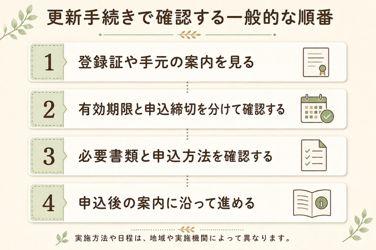 排水設備工事責任技術者の更新について、技術者証の確認から申込までの一般的な流れを示した図解