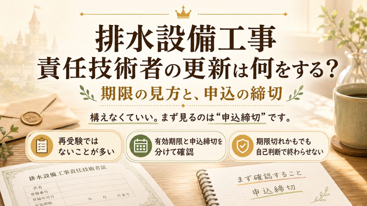 排水設備工事責任技術者の更新で、申込締切の確認が大切だと伝えるアイキャッチ画像