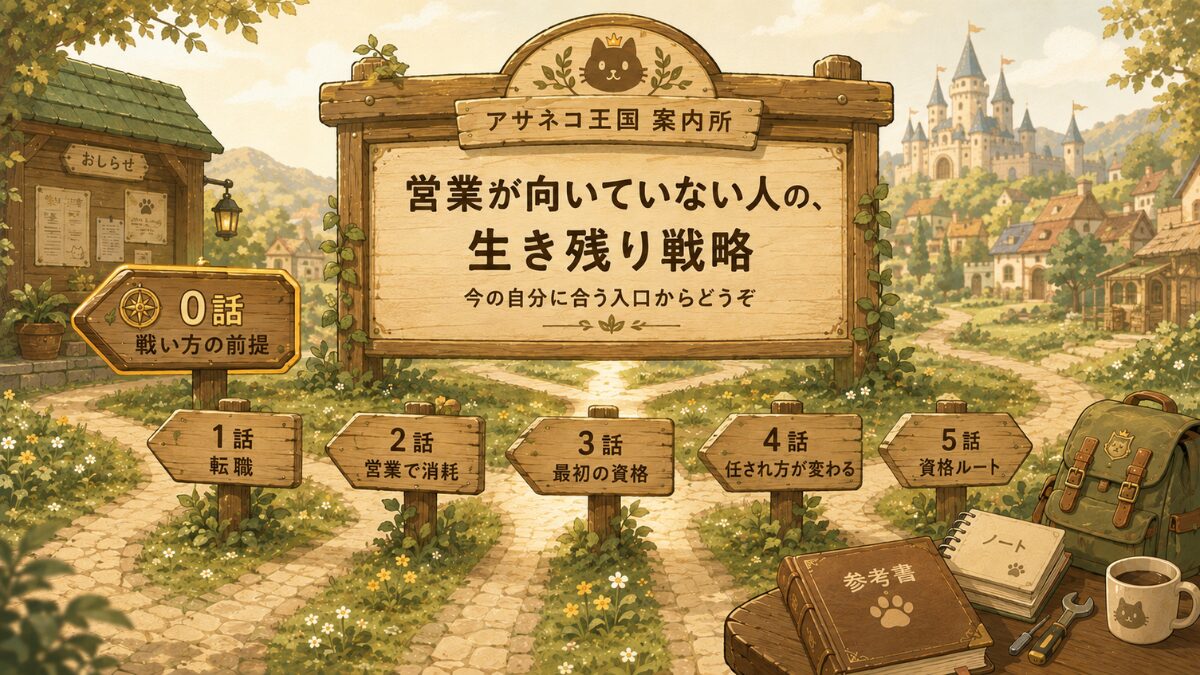 営業が向いていない人向けに、資格と朝活で戦い方を変える6話シリーズの案内所を表したイラスト