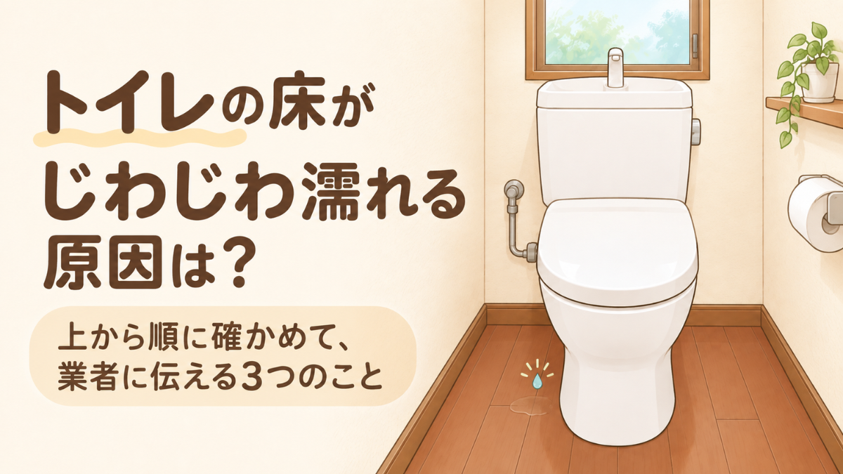 トイレの床がじわじわ濡れる原因を解説する記事のアイキャッチ。トイレのイラストと、上から順に確かめて業者に伝える3つのことという案内文が入っている。