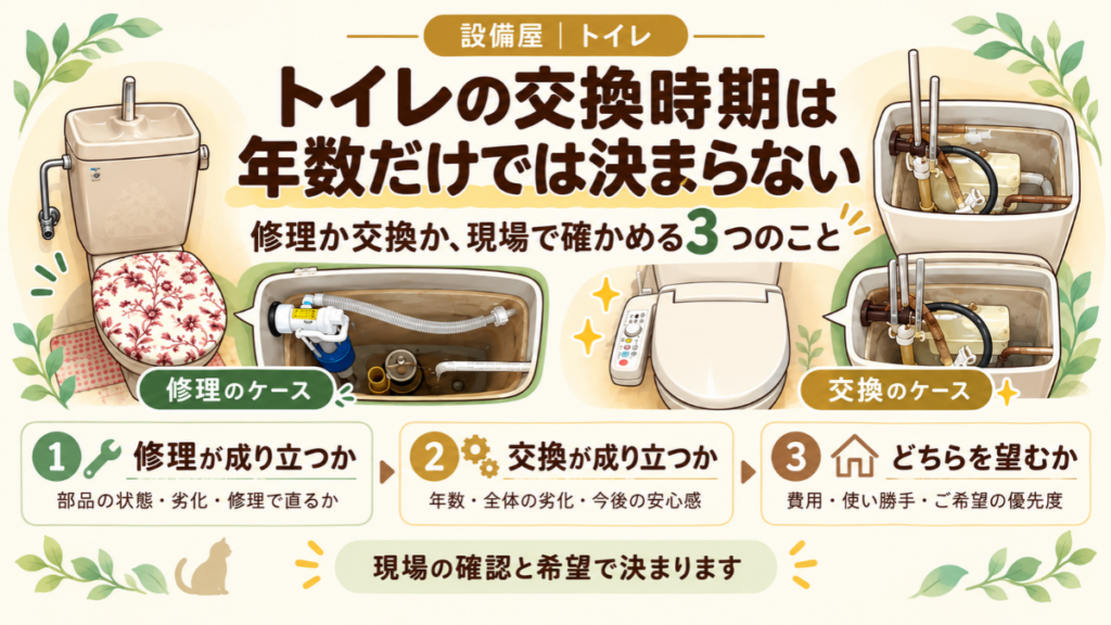 トイレの交換時期は年数だけでは決まらないことを、修理と交換の事例、3つの判断ポイントで示したアイキャッチ画像
