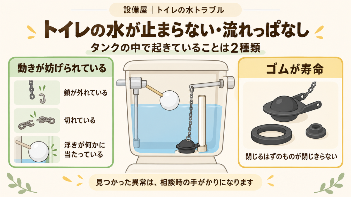 トイレの水が止まらない・流れっぱなしになる原因を、動きの妨げとゴムの経年劣化の2種類に整理したイラスト