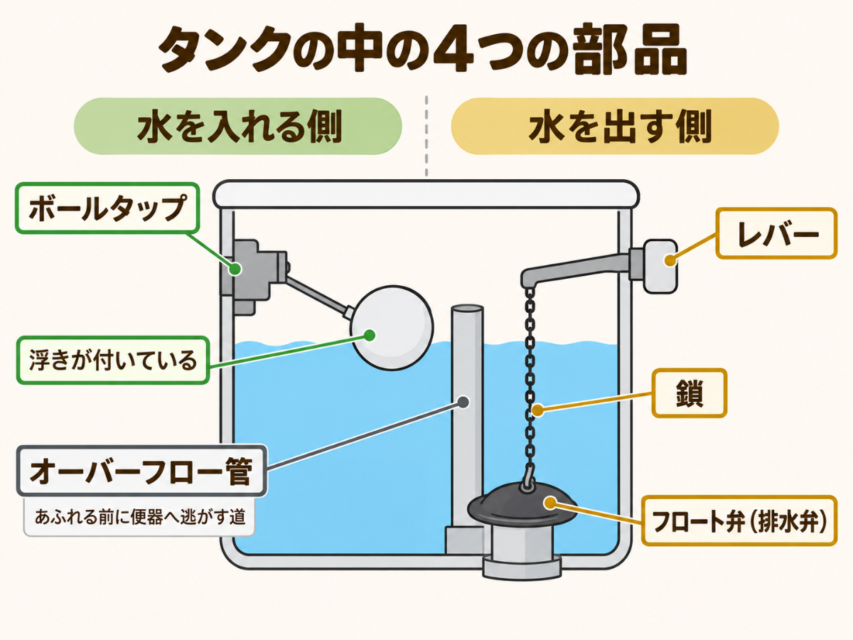 トイレのタンク内にある4つの部品を、水を入れる側と水を出す側に分けて示した図