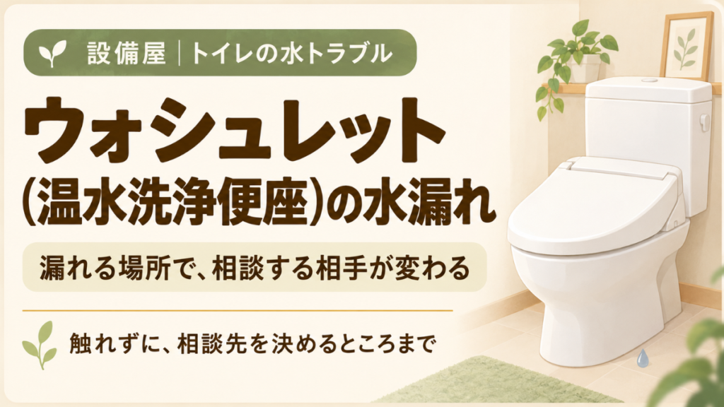 ウォシュレット（温水洗浄便座）の水漏れについて、漏れる場所から相談先を考える記事のアイキャッチ