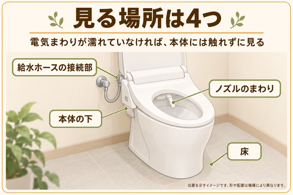 温水洗浄便座の本体の下、ノズルのまわり、給水ホースの接続部、床の4か所を示した位置のイメージ図