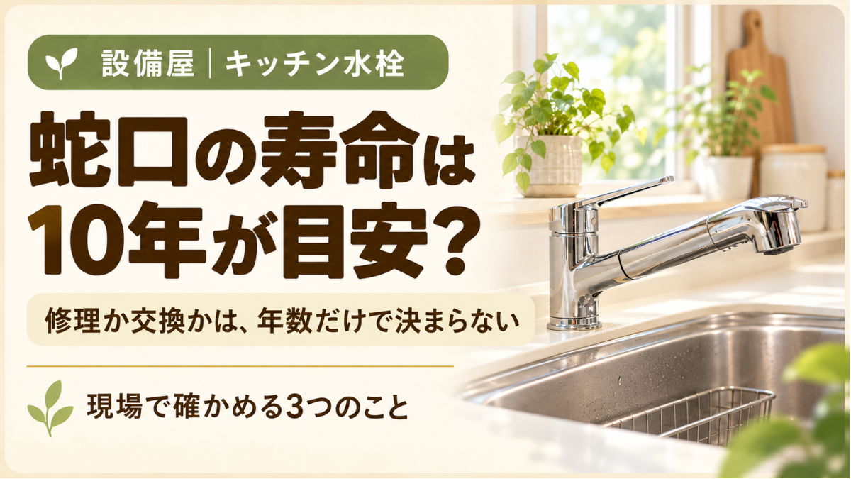 キッチン水栓と『蛇口の寿命は10年が目安？ 修理か交換かは、年数だけで決まらない』という記事のアイキャッチ画像