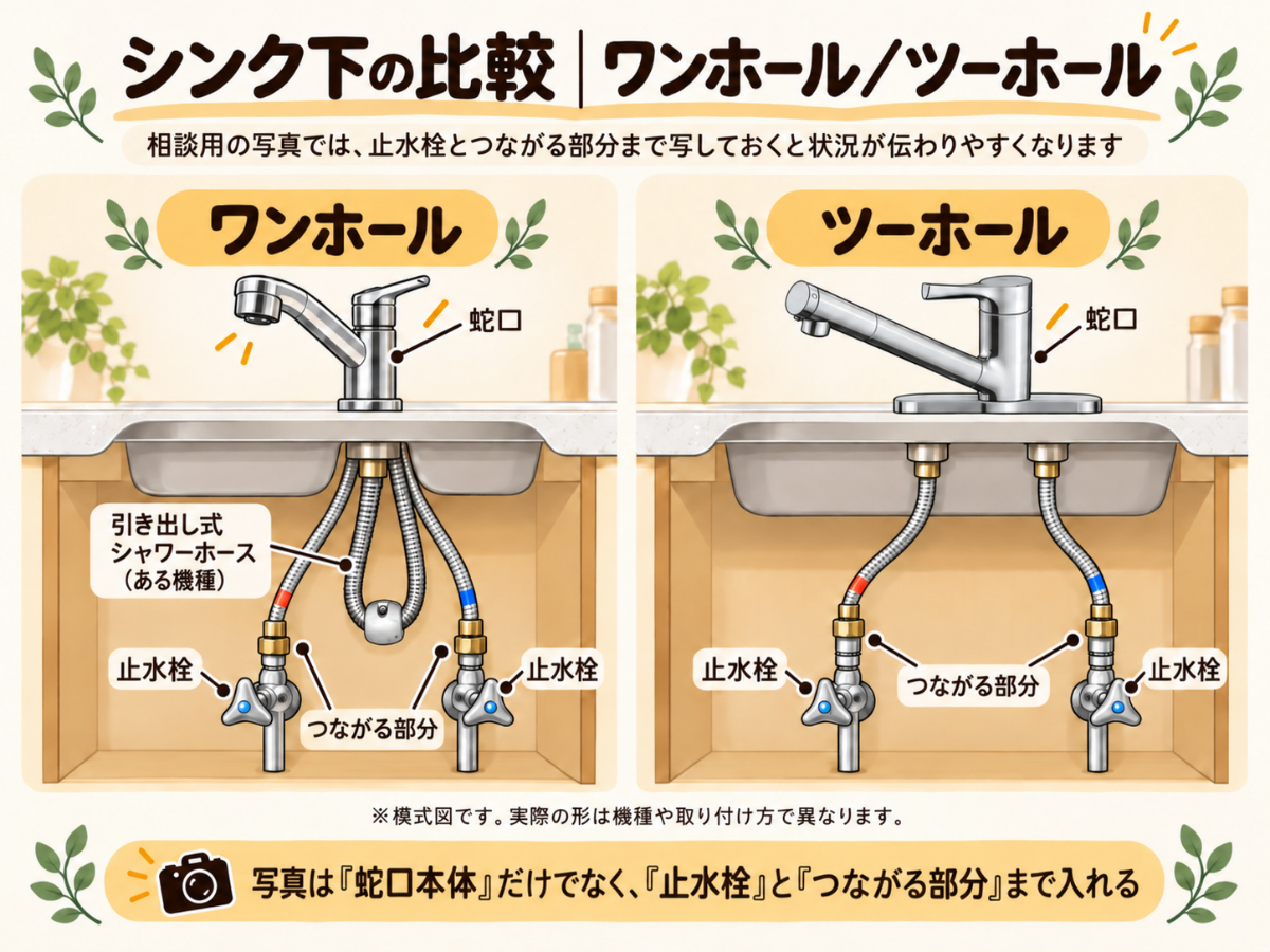 キッチン蛇口のワンホールとツーホールのシンク下を比較した模式図。止水栓と接続部、ワンホールの引き出し式シャワーホースとおもりを示している