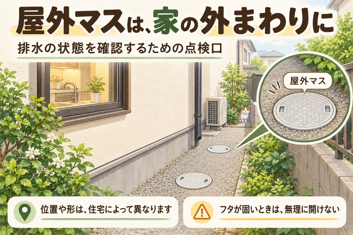 住宅の外まわりにある屋外マスの位置とフタの例を示したイラスト