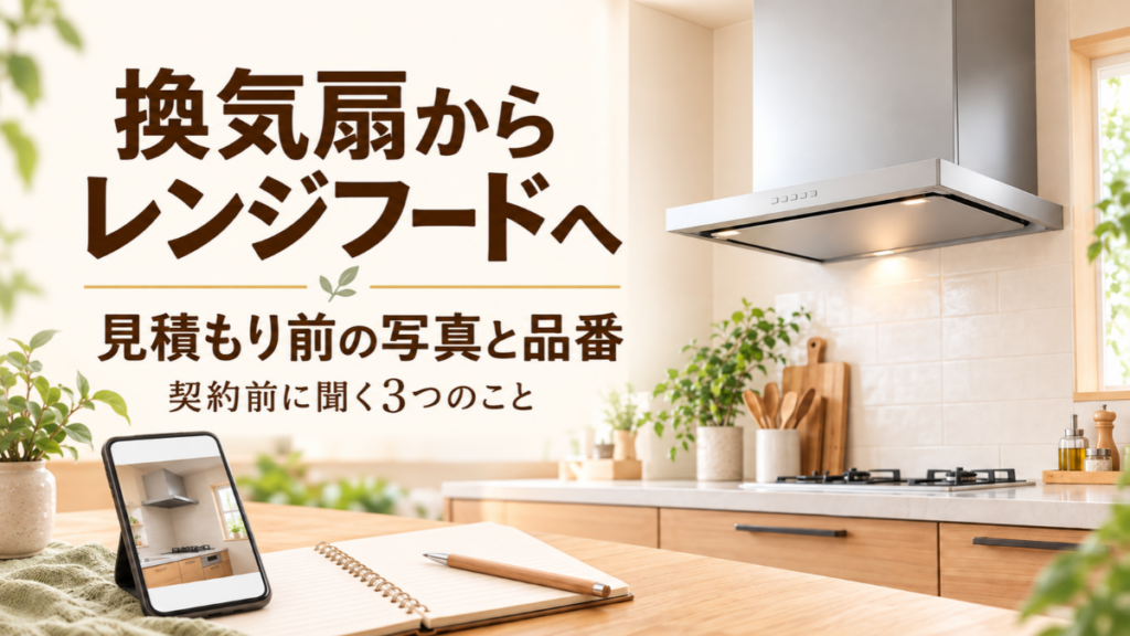 換気扇からレンジフードへの交換前に確認する写真・品番と、契約前の3つの質問の案内