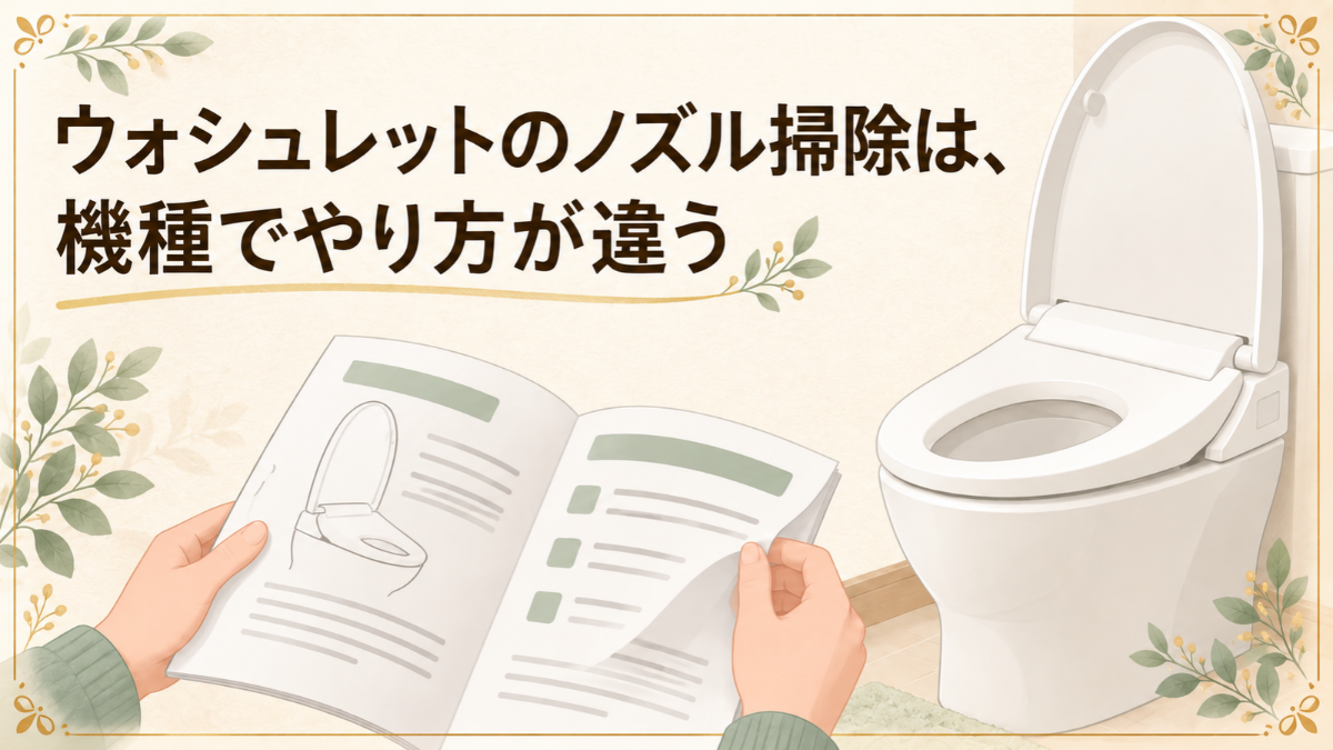 「ウォシュレットのノズル掃除は、機種でやり方が違う」という見出しと、開いた取扱説明書を持つ両手、ふたを開けた温水洗浄便座のイラスト